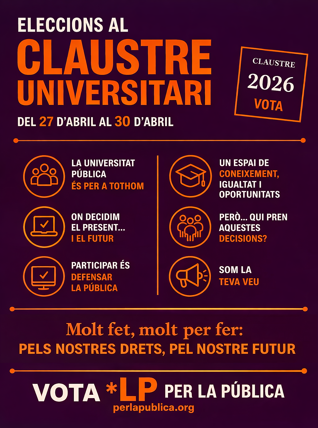 Cartell de campanya de Per la Pública per les eleccions al Claustre UPC 2026